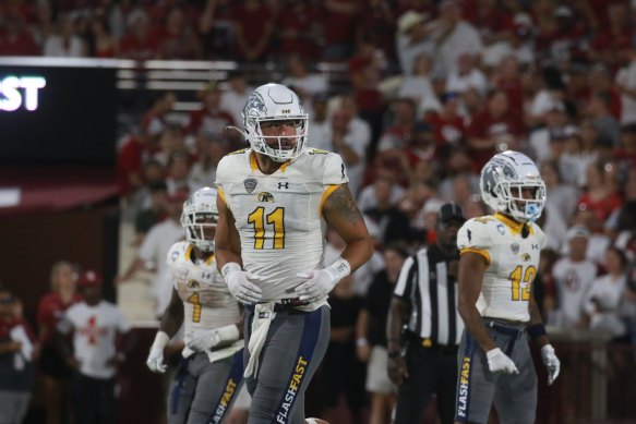 Kris Leach, pictured playing for Kent State University, was one of two standout American male athletes at the NRL combine in Las Vegas.