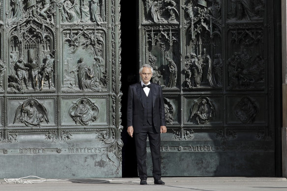 Italian singer Andrea Bocelli performed solo at the Duomo cathedral in Milan at Easter.