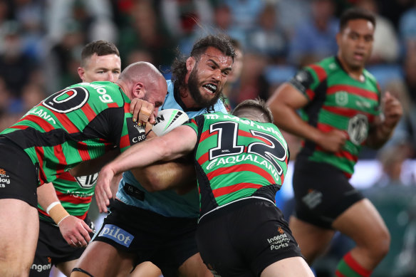 Toby Rudolf runs in to the South Sydney defence.