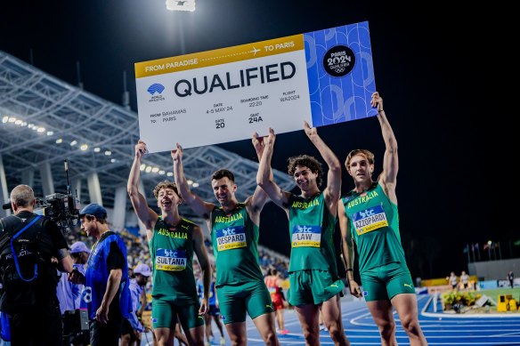 The men’s relay team that earned Australia a berth at this year’s Paris 2024 Olympics: Seb Sultana,  Jacob Despard, Calab Law and Josh Azzopardi.