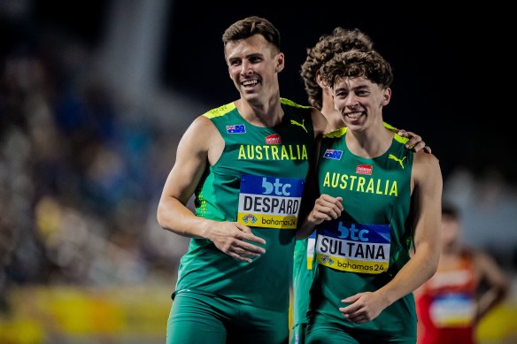 Jacob Despard and Seb Sultana celebrate their qualification for the Paris 2024 Olympics men’s 4x100-metre relay.