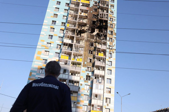 A photo from Moscow region governor Andrei Vorobyev’s Telegram channel shows the building hit by a Ukrainian drone.