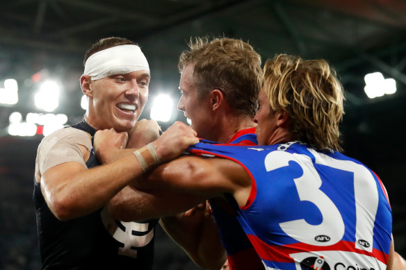 Carlton’s Patrick Cripps gets physical.