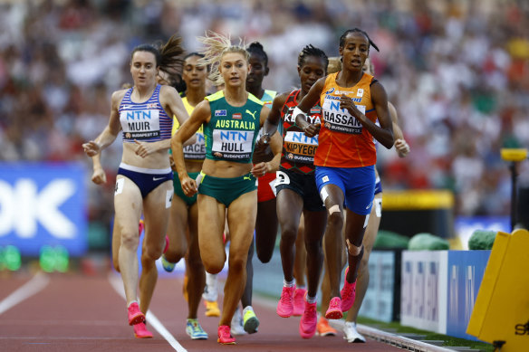 Australian Jess Hull (centre) and, on her left shoulder, Kenyan Faith Kipyegon trail the Netherlands’ Sifan Hassan in the 1500m semi-final at the world championships.