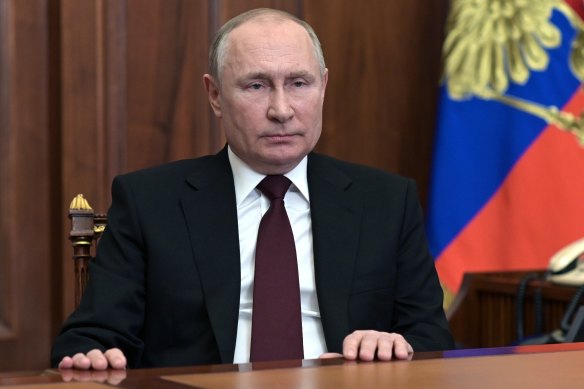 Russian President Vladimir Putin addresses the nation in the Kremlin in Moscow, Russia, February 21.
