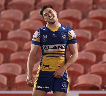 Mitchell Moses rues his missed penalty goal attempt that would have won the Eels the match.