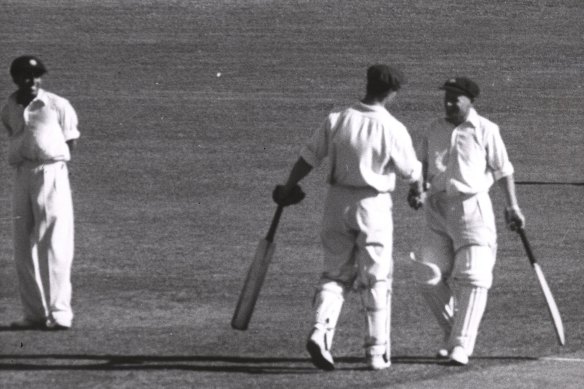 Keith Miller and Sir Donald Bradman during a Test match.