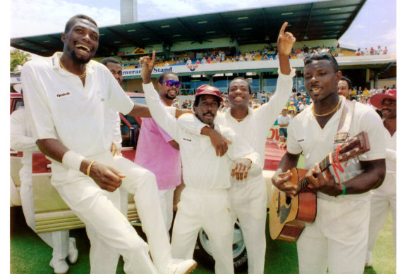 The West Indies celebrate in 1993 after claiming the Frank Worrell Trophy at the WACA.