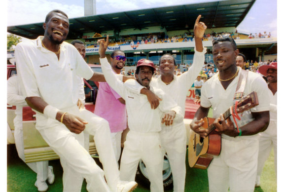 Curtly Ambrose and the West Indies celebrate their 1992-93 series win in Australia.