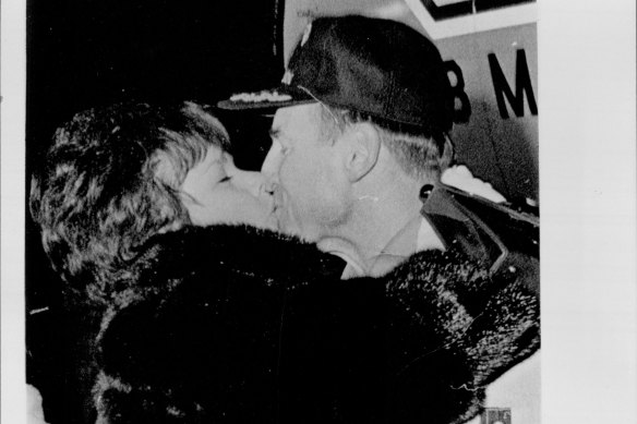 Welcome Home: Apollo eight moon pioneer James Lovell, kisses his wife, Marilyn, on his return to his home early December 29, 1968. 