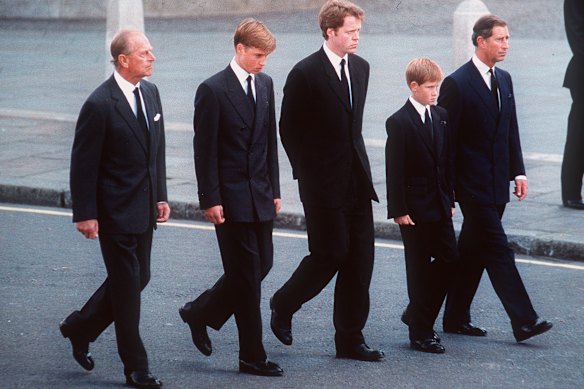 Princess Diana was killed in a car crash in Paris on August 31, 1997. Prince Harry (second from right) walked behind his mother’s coffin through London alongside (from left) the late Prince Philip, Prince William, Earl Spencer, and his father, then-Prince Charles.