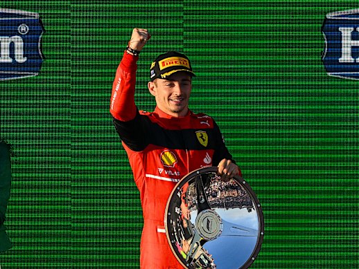 Charles Leclerc celebrates his victory in Melbourne.