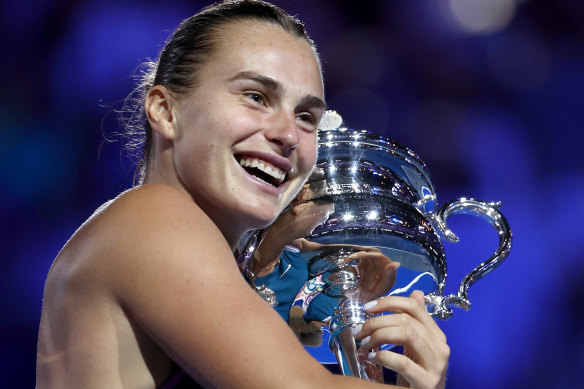 Aryna Sabalenka poses after winning the Australian Open Women’s Singles Final against Elena Rybakina of Kazakhstan.