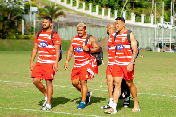 Israel Folau trains with his Tongan teammates in Fiji ahead of Saturday’s Test.