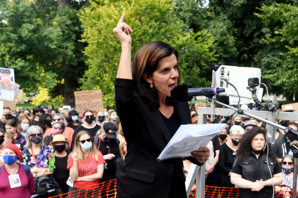 Former MP Julia Banks spoke at the Melbourne rally.