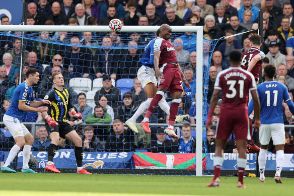 Angelo Ogbonna heads home for West Ham United against Everton at Goodison Park.