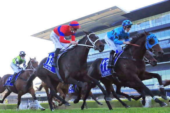 Verry Elleegant’s (red silks) close second to Mo’unga in the Winx Stakes is a great pointer to the George Main Stakes.