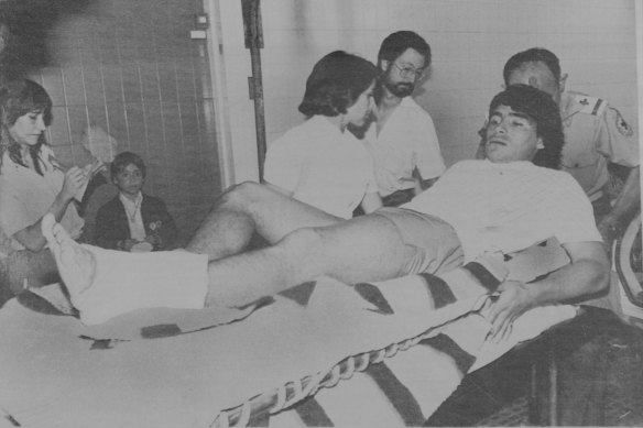 Diego Maradona recovers from a broken leg sustained against Athletic Bilbao while playing for Barcelona.