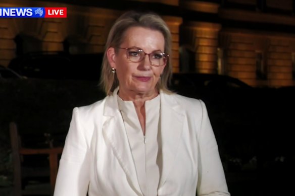 Opposition Leader Sussan Ley speaks to media in Tasmania. 