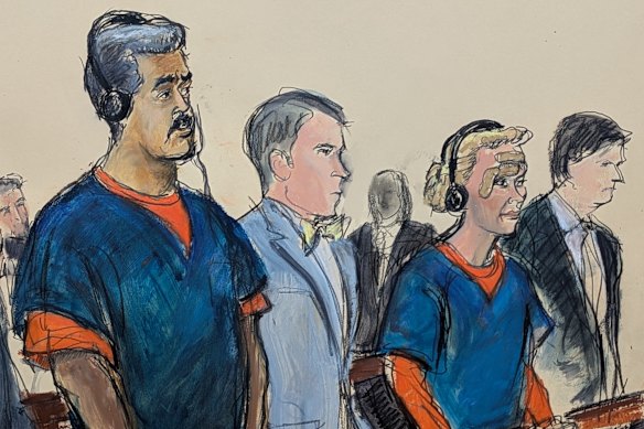 Venezuelan President Nicolás Maduro (left) and his wife, Cilia Flores, appear in Manhattan federal court with their defence lawyers Mark Donnelly (second from left) and Andres Sanchez.