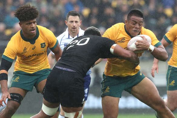 Allan Alaalatoa charges into the All Blacks defence in the first Bledisloe Test.