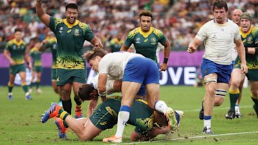 Long wait is over: James Slipper breaks his Test try duck at  Oita Stadium.