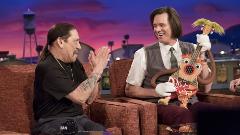Jim Carrey as Jeff Pickles and Danny Trejo as himself in Kidding. 