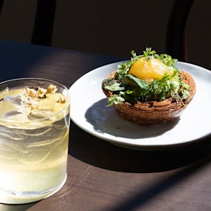Pear tart and house made jasmine iced tea at Jinius, Dawes Point. 