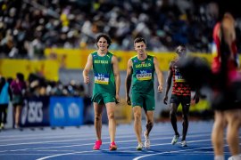 Calab Law [left] with Jacob Despard after helping Australia’s relay team qualify for the Paris Olympics.