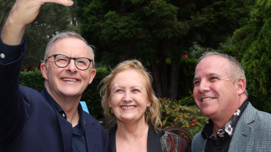 Labor leader Anthony Albanese in Wyong takes a selfie for Coast Community Connections President Sharon Brownlee and CEO Bruce Davis. during the Dobell campaign launch at Alison Homestead. Coast Community Connections provides Aged Care and Childcare in the area with more than 100 employees.
