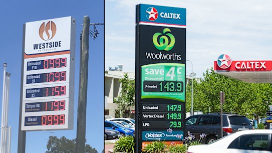 Left, a sign advertising fuel prices at an independent service station on the NSW central coast on December 30. On the same day, the average cost of unleaded petrol in Canberra was 147.6¢ per litre. Caltex in Dickson, right, was charging close to the average.