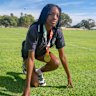 John Curtin College of the Arts student Charlotte Ehioghae, 13, in the 100m sprint at the 2025 Australian Championships held at WA Athletics Stadium, Perth.