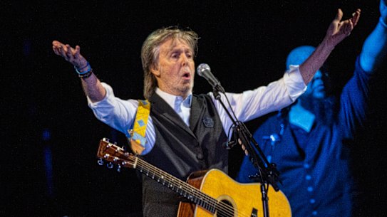 Paul McCartney performs at Glastonbury Festival in Worthy Farm, Somerset, England, Saturday, June 25, 2022.