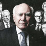 John Howard (centre) understood the need for a Liberal “broad church”. Departing, departed and sidelined liberals of the party: Simon Birmingham and Paul Fletcher (left); Julie Bishop, Christopher Pyne and Julian Leeser.