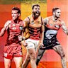 Gold Coast’s Ben King, Adelaide’s Riley Thilthorpe and Jesse Hogan, of GWS, are leading the race for the 2025 Coleman Medal.