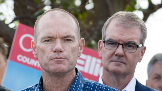 NSW Labor leader Michael Daley, right, campaigns with the Labor candidate for Tweed, Craig Elliot, in Kingscliff.