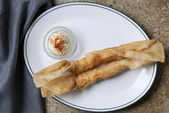 King prawns wrapped in brik pastry.