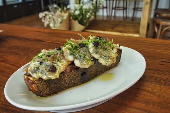 Sweet and sour sardines on sourdough toast.