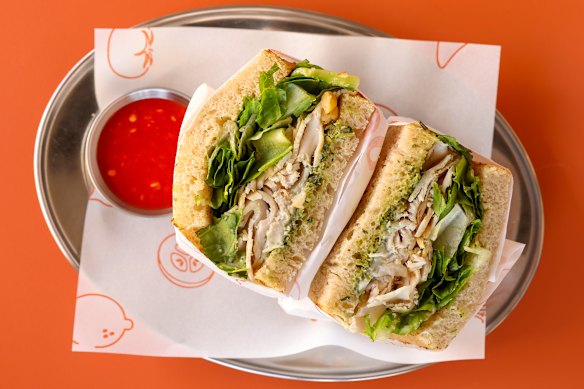 The roast chicken sandwich, with blue cheese, macadamia, shallot chimichurri, and confit garlic ranch dressing, is Ackermans’ go-to lunch.