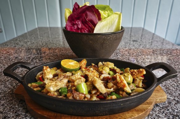 Sizzling pork jowl and green lip abalone sisig.