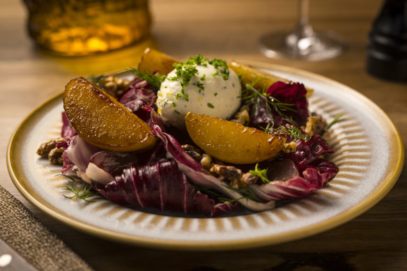 Goat’s cheese with pickled grape, pear, walnut and radicchio.