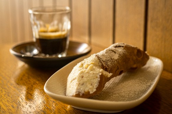Ricotta cannoli and espresso (in a glass, the Italian way) at T.Cavallaro and Sons.