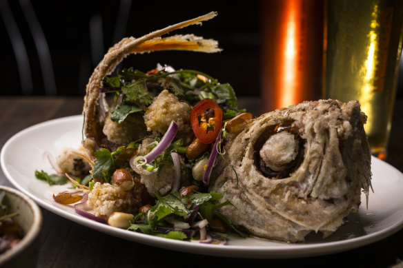 Thai-style deep-fried whole fish is a showstopper.