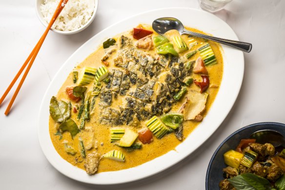 The whole Thai-style “fish” is a signature dish at Vegie Mum.