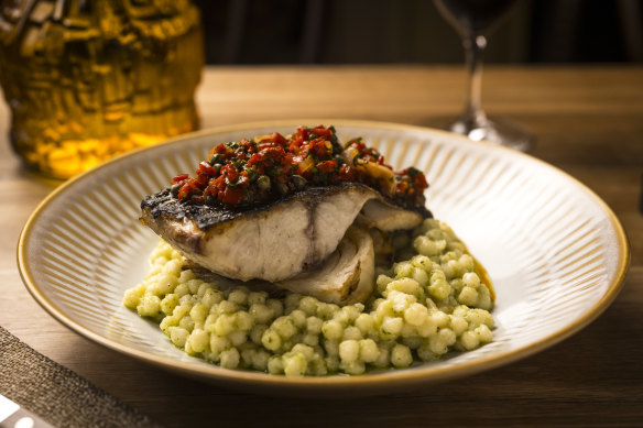 Black kingfish (cobia) with Israeli cous cous.