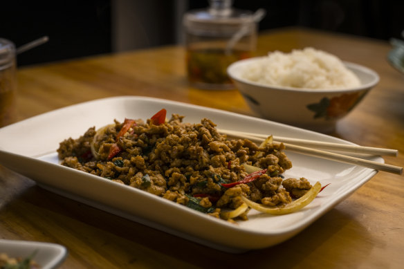 Pad krapow with chicken, holy basil, ground chilli, garlic and coriander.