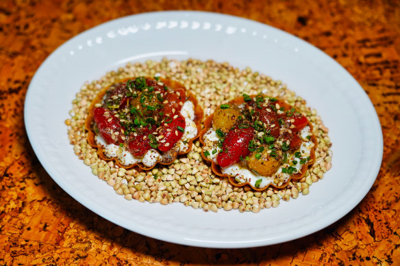 Confit cherry tomato tarts at Maha North.