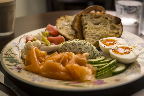 The “sea” plate with Danish cured salmon, ricotta dill spread, cucumber and jammy egg.