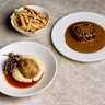 Confit duck with potato mash and a duck jus, and grass-fed eye fillet with pepper cognac sauce and French fries.