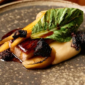 Almond-fed pork with parsnip, pickled Apple and mustard jus.